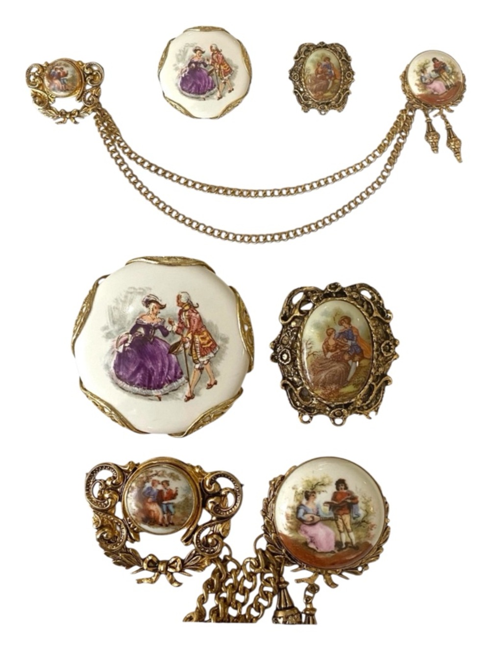 Bundle Vintage Victorian Courting Couple Porcelain Brooches Chain Goldtone